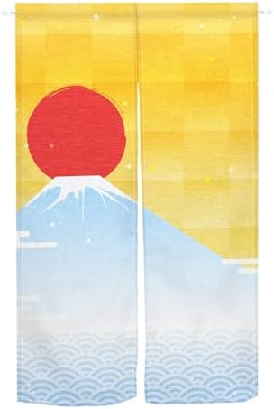 Traditional Japanese Noren Door Curtain with Cartoon Red Moon Wave Print
