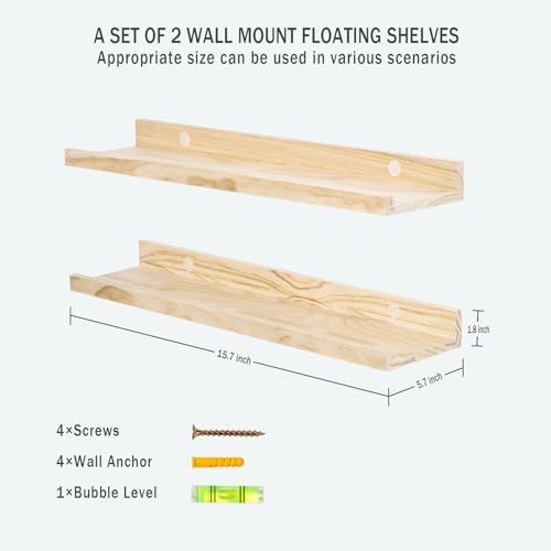 AZSKY Floating Shelves Set 2 Natural Wood Wall Mount Bookshelf