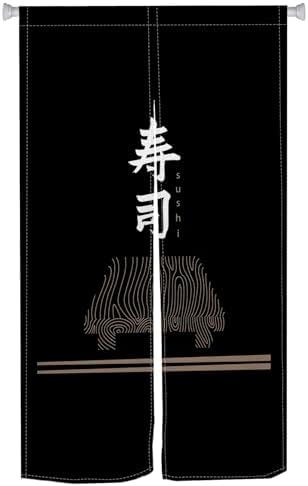 Traditional Japanese Style Door Curtain Black Sushi Pattern