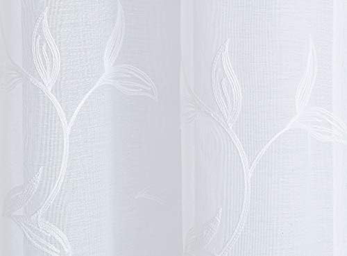Warm Home Designs Sheer White Faux-Linen Curtain Panels with Leaf Embroidery