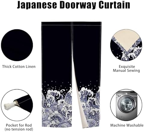 Noren Doorway Curtain Navy Blue Waves Pattern Panel
