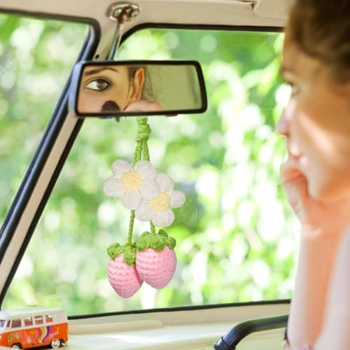 2pcs Crochet Strawberry Flower Plant Basket Car Hanging Decor