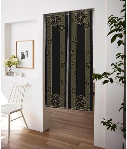 Noren Door Curtain with Gold Flowers Pattern 34x60 Inches