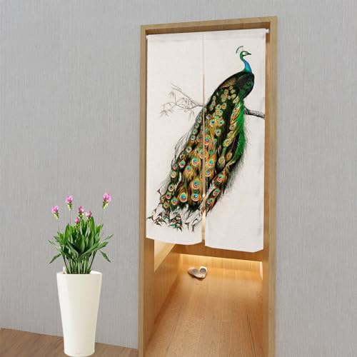 Japanese Noren Door Curtain 34x48 Inch Peacock Design