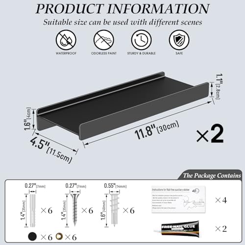 Danpoo Black Floating Metal Wall Shelf 12 Inch