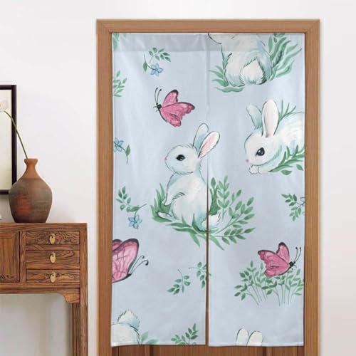 Japanese Doorway Curtain White Rabbit and Butterfly Design