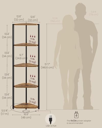 VASAGLE 5-Tier Corner Bookshelf with LED Lights Rustic Brown