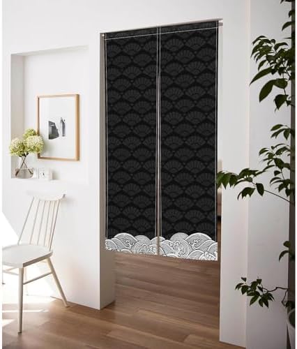 ChloropLastid Long Japanese Noren Curtain Black Beige Wave