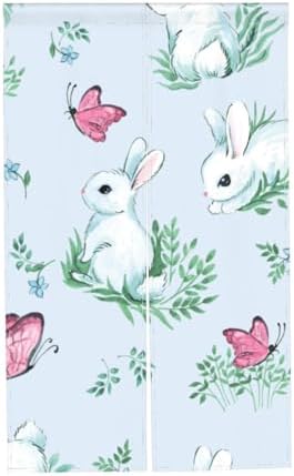 Japanese Doorway Curtain White Rabbit and Butterfly Design
