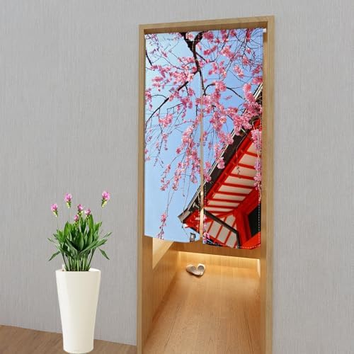 Leowefowa Japanese Noren Doorway Curtain Pink Cherry Blossom Panel 34x60