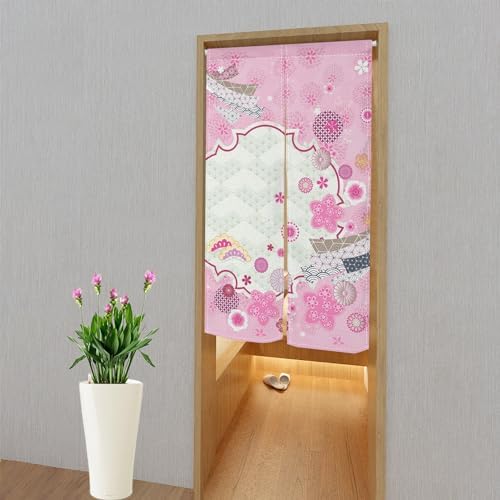 Traditional Japanese Noren Door Curtain Pink Flowers Print 34x60