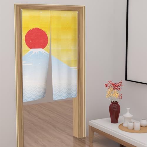 Traditional Japanese Noren Door Curtain with Cartoon Red Moon Wave Print
