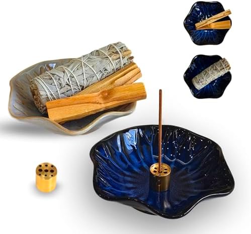 ASBEFORE Ceramic Incense Holder 2PCS Blue Grey Flower