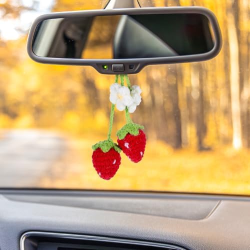 4 PCS Crochet Strawberry Car Hanging Ornaments