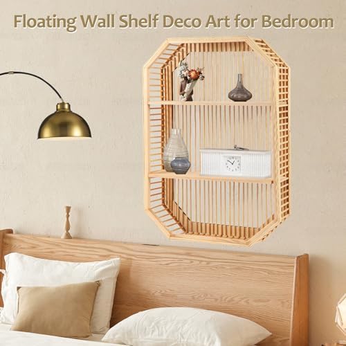 TOEEBR Square Floating Wall Shelf 2 Tier Bamboo Decor