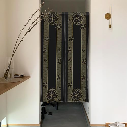 Noren Door Curtain with Gold Flowers Pattern 34x60 Inches