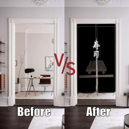 Traditional Japanese Style Door Curtain Black Sushi Pattern