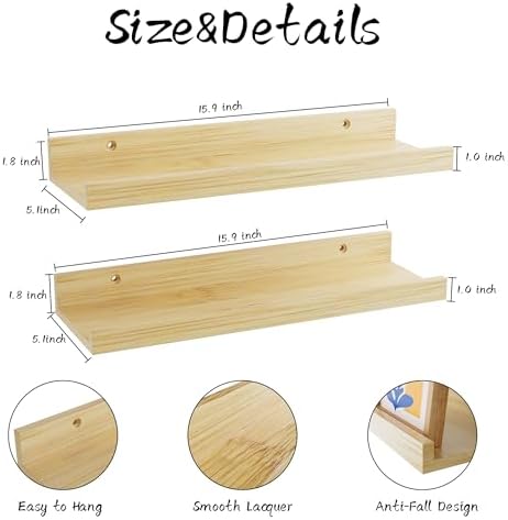 16 Inch Bamboo Floating Shelves Set of 2 with Lip