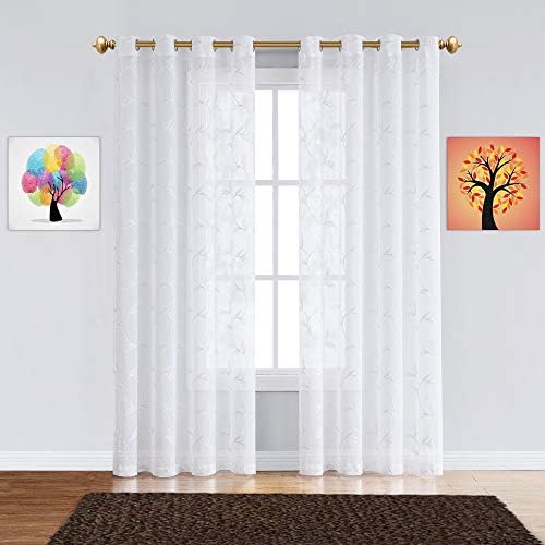 Warm Home Designs Sheer White Faux-Linen Curtain Panels with Leaf Embroidery