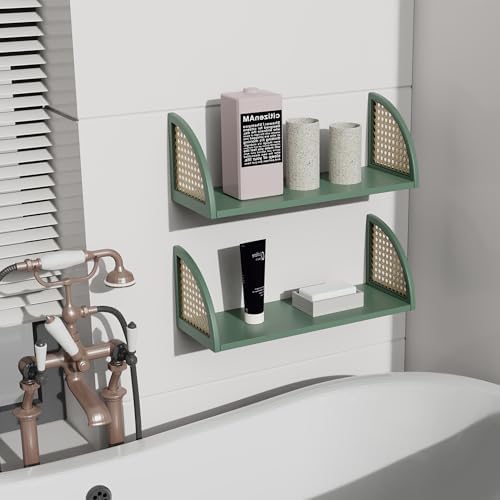 PJCOLL 16 Inch Rattan Wall Shelf - Green