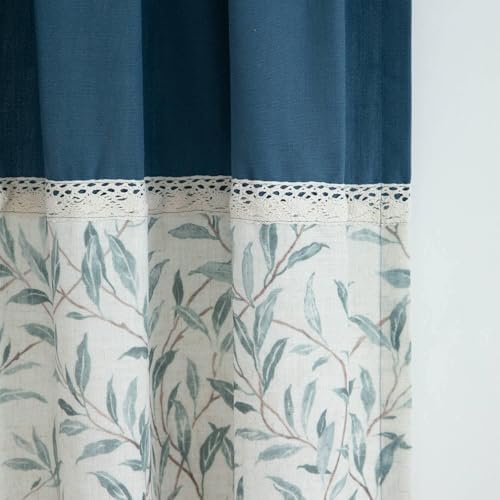 VOGOL Linen Textured Curtains with Leaves Print and Lace Border