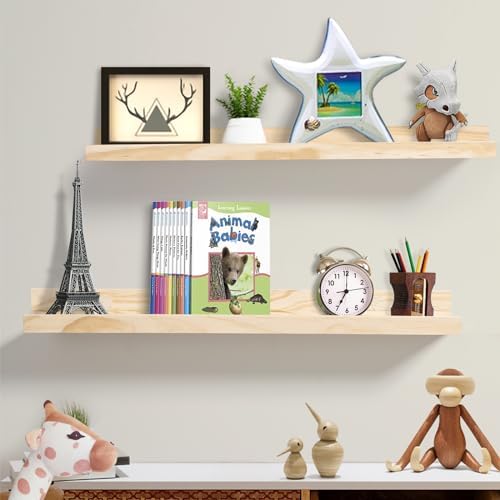 AZSKY Floating Shelves Set 2 Natural Wood Wall Mount Bookshelf