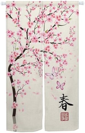 Leowefowa Cherry Blossom Noren Door Curtain