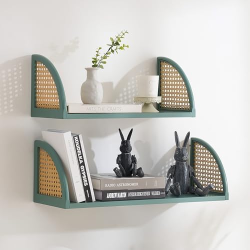 PJCOLL 16 Inch Rattan Wall Shelf - Green