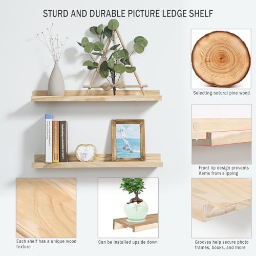 AZSKY Floating Shelves Set 2 Natural Wood Wall Mount Bookshelf