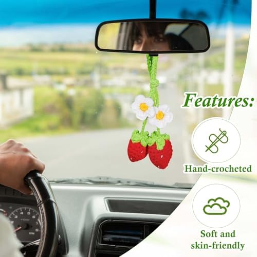 2pcs Crochet Strawberry Flower Plant Basket Car Hanging Decor