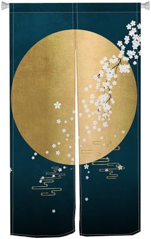 Japanese Noren Door Curtain with Ukiyoe Round Moon Print 34x60 Inches