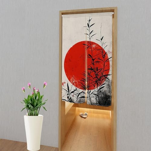 Japanese Noren Door Curtain with Red Moon Pattern