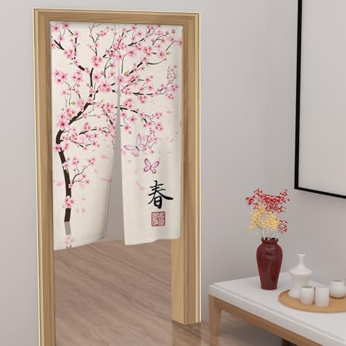 Leowefowa Cherry Blossom Noren Door Curtain