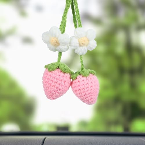 2 Pack Crochet Strawberry Flower Car Hanging Ornaments for Women