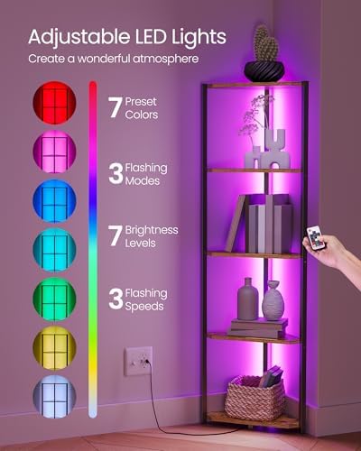 VASAGLE 5-Tier Corner Bookshelf with LED Lights Rustic Brown