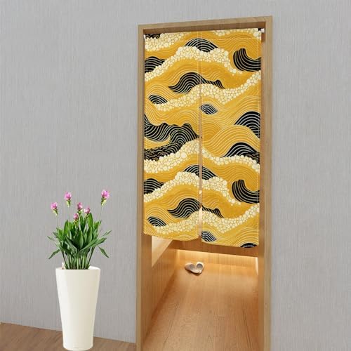 Leowefowa Japanese Noren Curtain with Gold and Black Great Wave Design