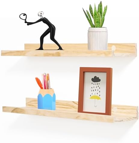 AZSKY Floating Shelves Set 2 Natural Wood Wall Mount Bookshelf