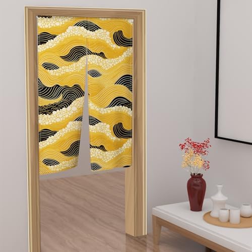 Leowefowa Japanese Noren Curtain with Gold and Black Great Wave Design
