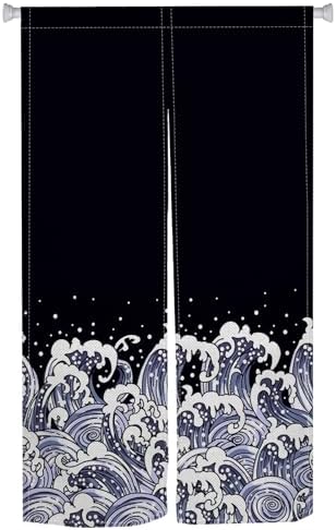 Noren Doorway Curtain Navy Blue Waves Pattern Panel