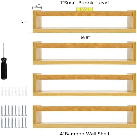 Ollieroo Four Floating Bamboo Book Shelves Wall Mounted
