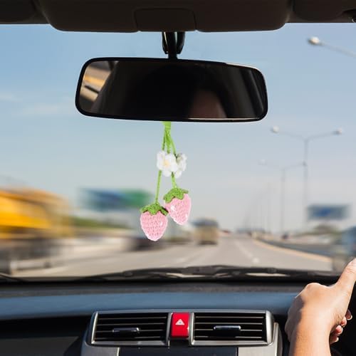 4 PCS Crochet Strawberry Car Hanging Ornaments