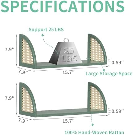 PJCOLL 16 Inch Rattan Wall Shelf - Green