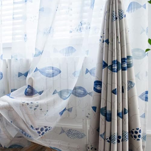Cartoon Ocean Fish Embroidery Sheer Curtains Panel