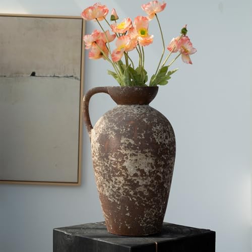Brown Ceramic Rustic Farmhouse Vase with Handle