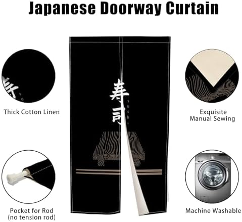 Traditional Japanese Style Door Curtain Black Sushi Pattern