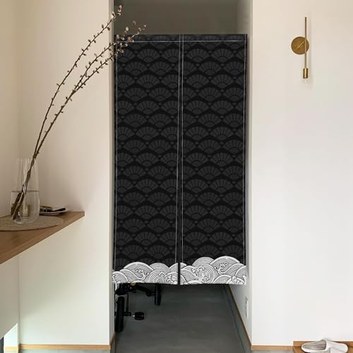 ChloropLastid Long Japanese Noren Curtain Black Beige Wave