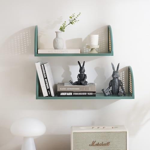 PJCOLL 16 Inch Rattan Wall Shelf - Green