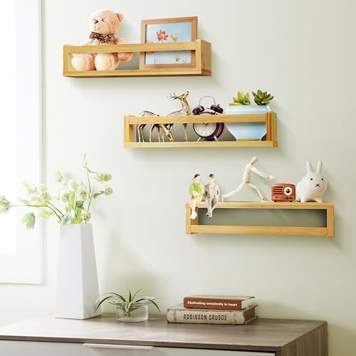 Ollieroo Four Floating Bamboo Book Shelves Wall Mounted