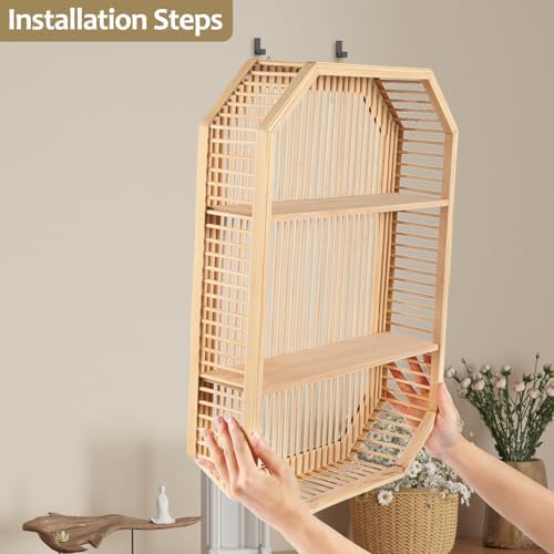 TOEEBR Square Floating Wall Shelf 2 Tier Bamboo Decor