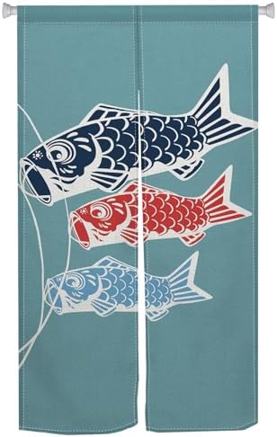 Traditional Long Style Japanese Noren Door Curtain with Blue Fishes Print